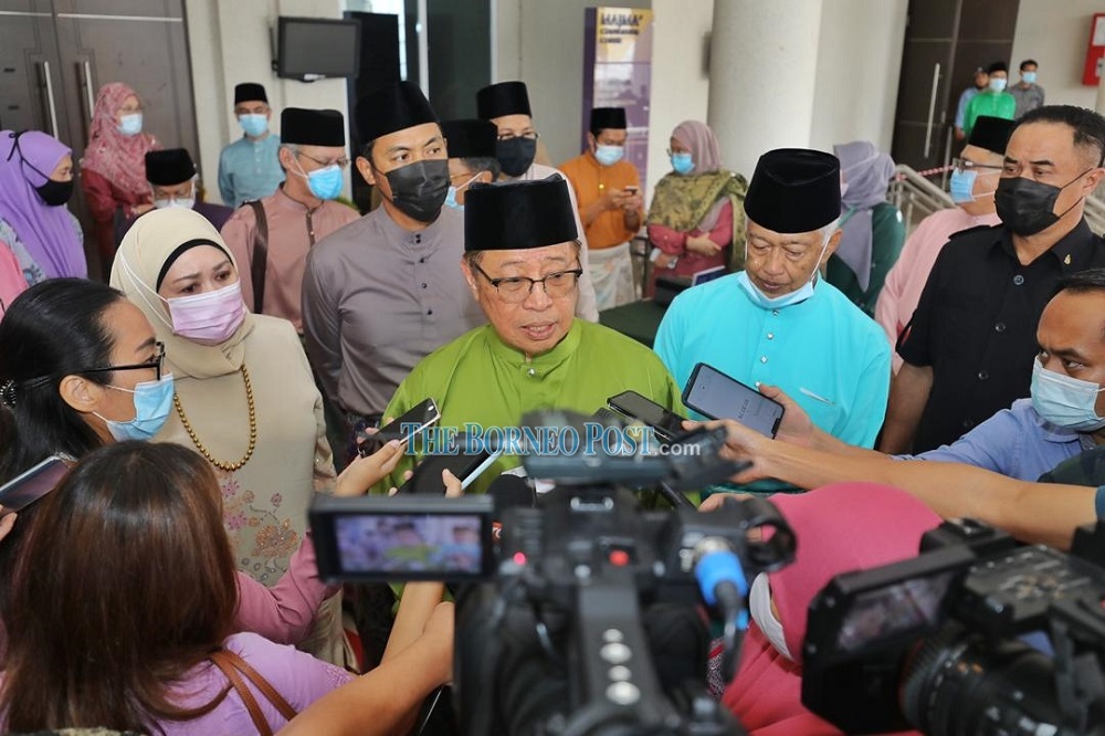 Sarawak Chief Minister Datuk Patinggi Abang Johari speaks to reporters after officiating the 10th anniversary of Mau00e2u20acu2122had Tahfiz Tun Abdul Rahman Yau00e2u20acu2122kub (Mattary) in Kuching December 9, 2020. u00e2u20acu201d Borneo Post Online pic