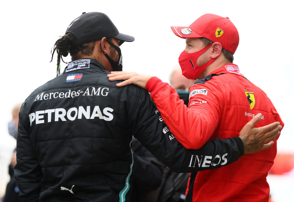 Mercedes' Lewis Hamilton is congratulated by Ferrari's Sebastian Vettel after winning the Turkish Grand Prix at Istanbul Park, Istanbul, Turkey November 15, 2020. u00e2u20acu201d Reuters pic 