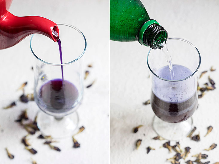 First pour the blue pea flower extract (left), then top it up with sparkling water