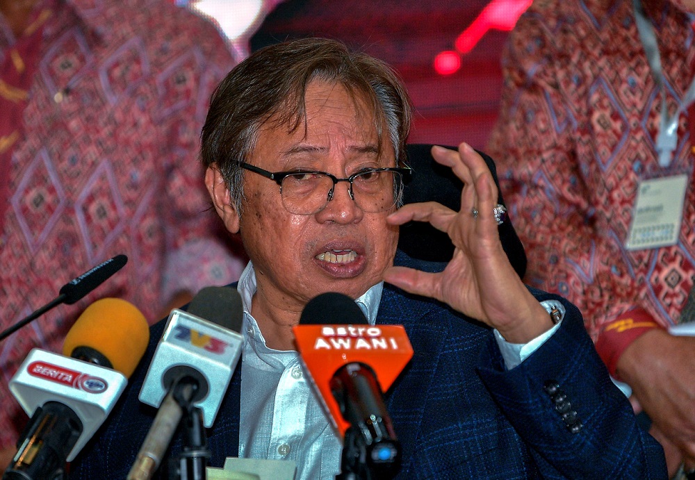 Sarawak Chief Minister Datuk Patinggi Abang Johari Openg speaks during a press conference following the Parti Pesaka Bumiputera Bersatu (PBB) general assembly in Kuching November 8, 2020. u00e2u20acu201d Bernama pic