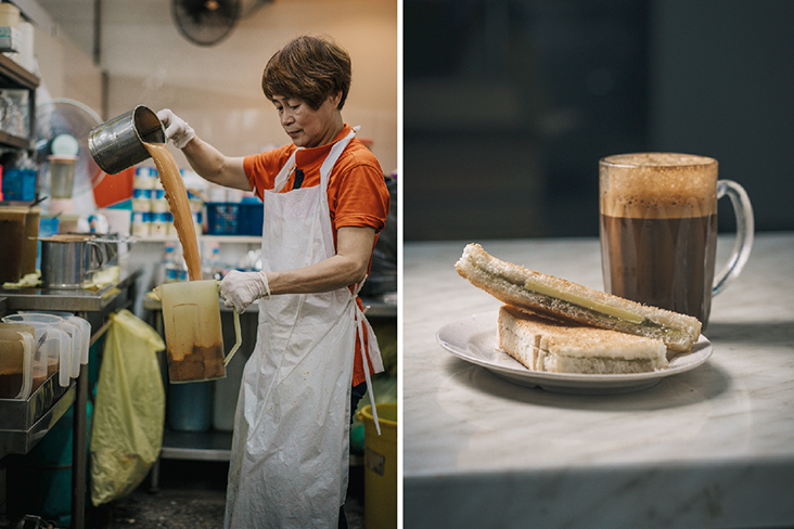 Ah Weng Koh is now run by the third generation; they are famous for their Hainan tea as prepared by one of the family members here (left). The draw at Ah Weng Koh is the 'kaya' toast and Hainan tea (right)