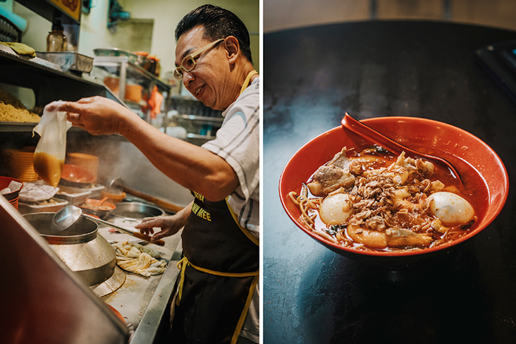 Ah Choon is the man behind Choon Prawn Mee that has been in business for 30 years (left). The prawn mee at Choon Prawn Mee has deep flavours and you get to choose from a variety of toppings (right)