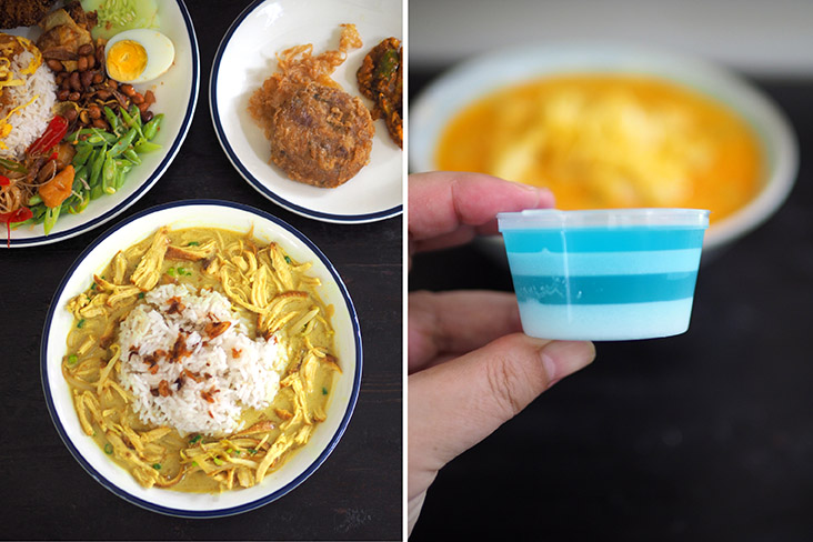 You will drink every drop of their 'nasi soto ayam' Medan as the broth is sweet and tasty (left). The set meals offered on the food delivery sites offer an ice lemon tea drink and a choice of acar or this layered 'agar agar' with a nice crunchy texture (right)  