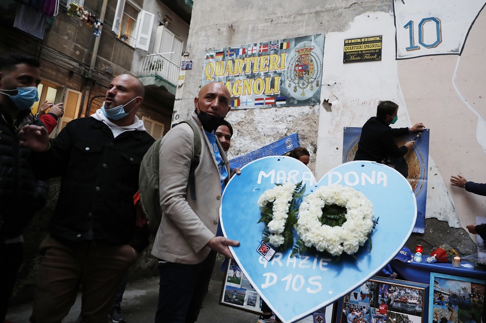 People mourn the death of Argentine football legend Diego Maradona in Naples, Italy November 26, 2020. u00e2u20acu2022 Reuters pic