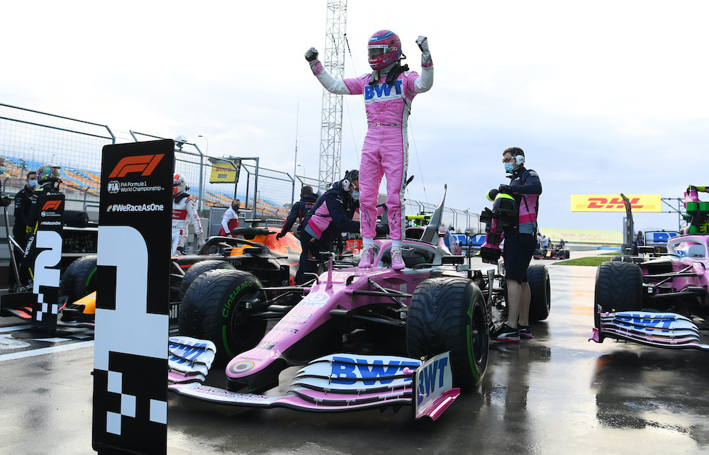 Lance Stroll celebrates after qualifying in pole position a the Turkish Grand Prix at the Istanbul Park, in Istanbul, November 14, 2002. u00e2u20acu2022 Reuters picnn
