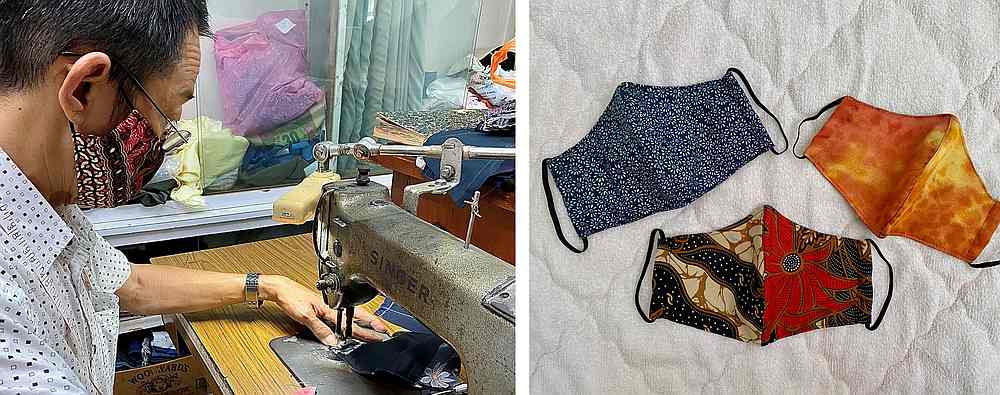 Jeff Lim sewing the face masks that come in different colours. u00e2u20acu201d Picture courtesy of Agnes Aui