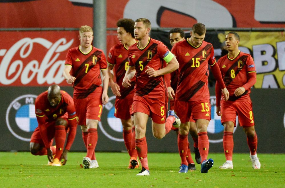 Belgium's Youri Tielemans (right) celebrates scoring their first goal against England during the Uefa Nations League match at Den Dreef, Leuven November 15, 2020. u00e2u20acu201d Reuters pic