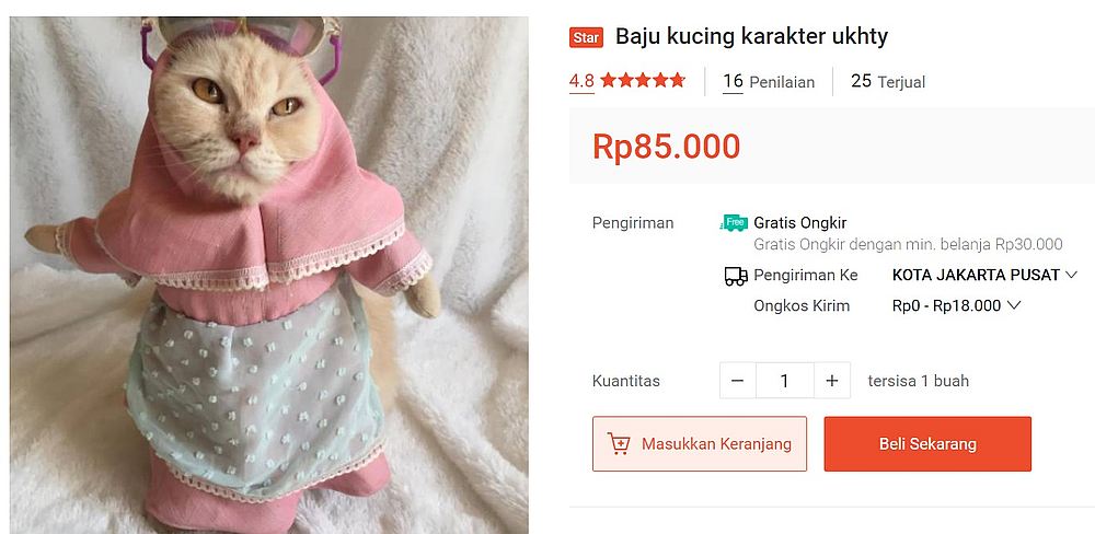 This shariah-compliant cat outfit costs RM25. — Screengrab from Shopee Indonesia