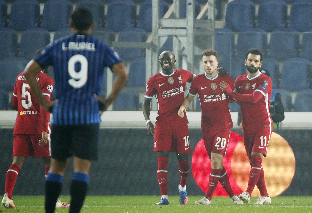 Liverpool's Diogo Jota celebrates with Sadio Mane and Mohamed Salah after scoring the second goal against Atalanta November 4, 2020. u00e2u20acu2022 Reuters pic