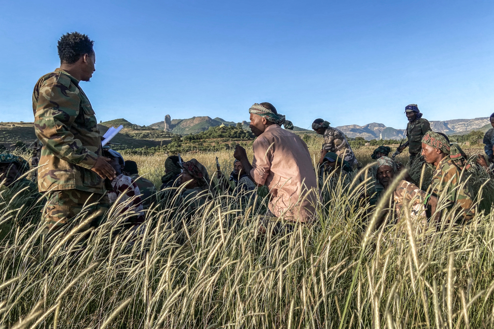 Amhara militia men, that combat alongside federal and regional forces against northern region of Tigray, receive training in the outskirts of the village of Addis Zemen, north of Bahir Dar, Ethiopia, November 10, 2020. — AFP pic