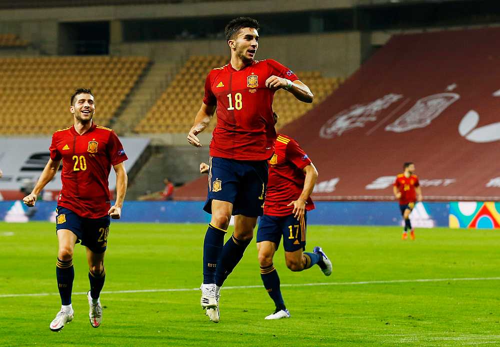 Ferran Torres celebrates scoring Spain's second goal in the Uefa Nations League Group D match with Germany at Estadio La Cartuja, Seville, Spain November 17, 2020. u00e2u20acu201d Reuters pic