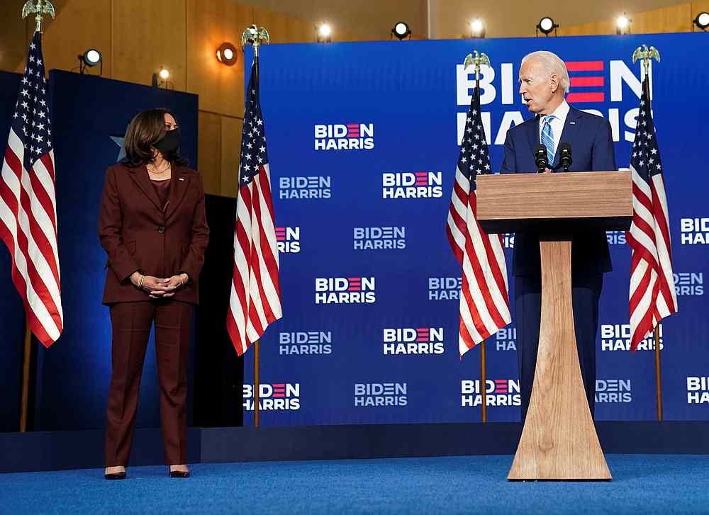 Democratic US presidential nominee Joe Biden turns to his running mate,Kamala Harris, as he arrives to speak about the 2020 US presidential election results in Wilmington, Delaware November 4, 2020. u00e2u20acu201d Reuters pic