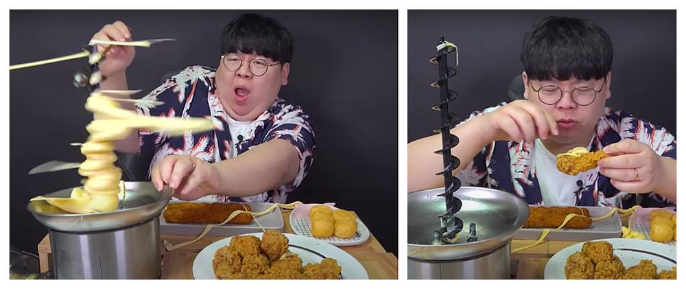 Tasty Hoon continues eating the chicken using the scattered strings of cheese after a devastating episode with the machine. u00e2u20acu201d Screengrab via Youtube/TastyHoon