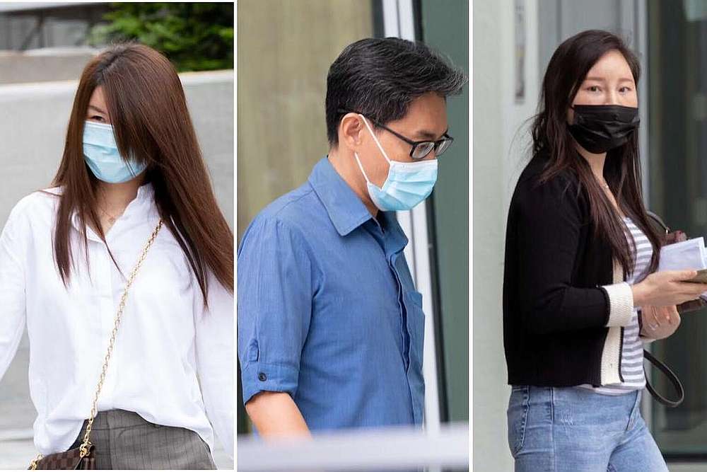 Teo Hwee Peng (centre) was charged with accepting bribes from two Chinese nationals, Cheng Wenjuan (left) and Liang Qinglan. u00e2u20acu201d TODAY pic