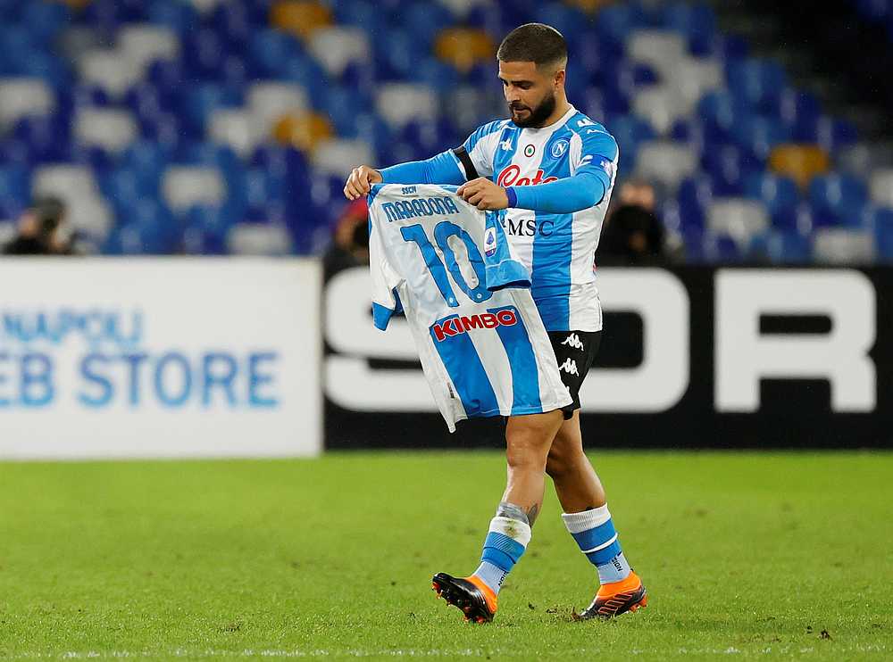 Lorenzo Insigne celebrates scoring Napoli's first goal while paying tribute to Diego Maradona in the Serie A match with AS Roma at Stadio San Paolo, Naples, Italy November 29, 2020. u00e2u20acu201d Reuters pic 