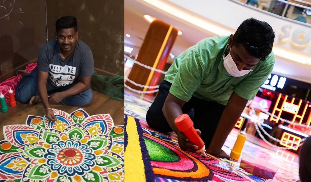 Ruben is thankful to be back on the field making kolams for shopping malls in conjunction with Deepavali. u00e2u20acu201d Pictures courtesy of Ruben Prakash Antony Albert