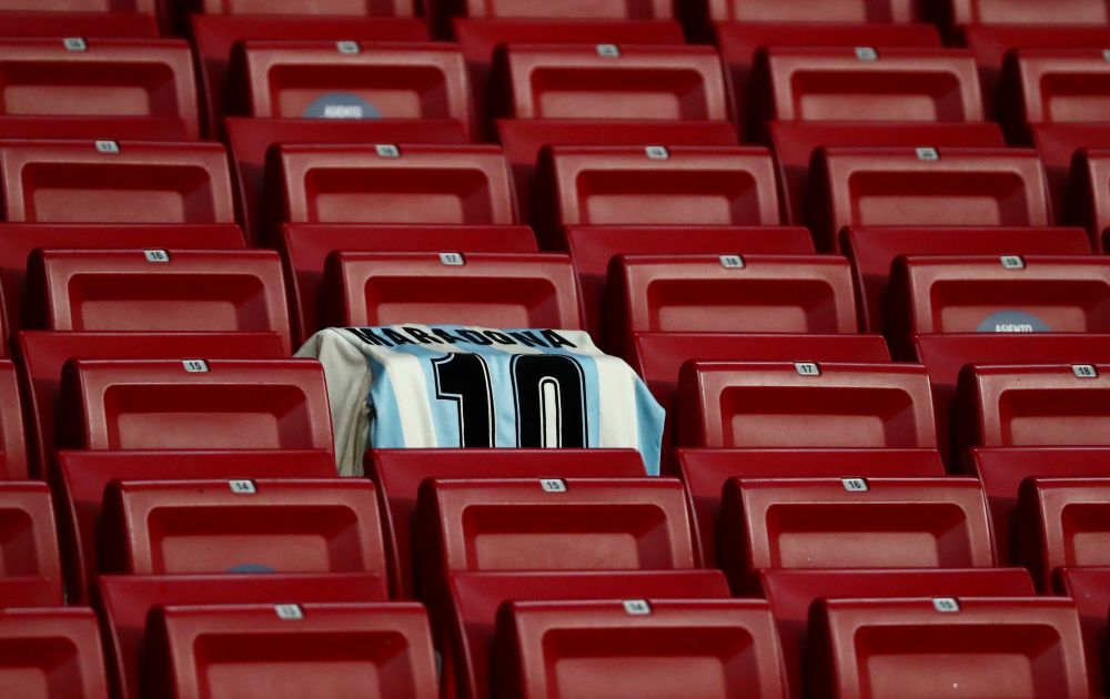 A Diego Maradona shirt is seen in the stands during the match between Atletico Madrid and Lokomotiv Moscow at the Wanda Metropolitano, Madrid November 25, 2020. u00e2u20acu201d Reuters pic