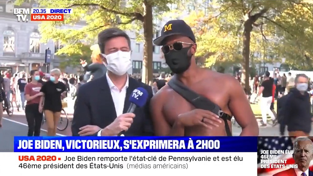 French journalist Maxime Switek couldn't hold back laughter when the 30-year-old Francophile gatecrashed his live TV broadcast of the US election on Saturday. u00e2u20acu2022 Screengrab via Twitter/@BFMTV