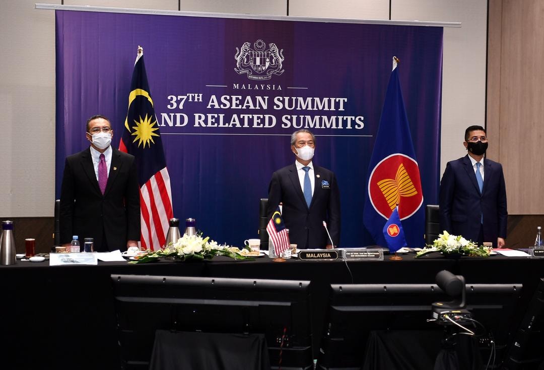 Prime Minister Tan Sri Muhyiddin Yassin (centre) attends the 37th Asean Summit via video conference in Kuala Lumpur November 12, 2020. u00e2u20acu201d Picture via Facebook