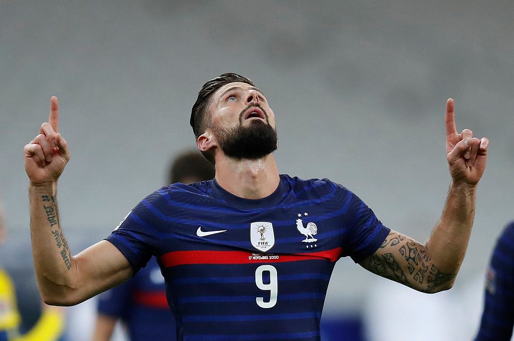 Olivier Giroud celebrates scoring France's first goal in the Nations League Group C match with Sweden at Stade de France, Saint-Denis, France November 17, 2020. u00e2u20acu201d Reuters pic