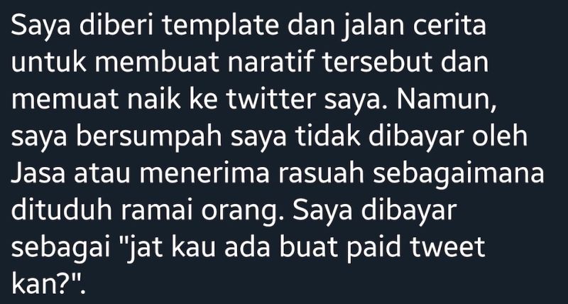 The user confessed to the tweet being a paid one and basically meant the photo was staged. — Picture via Twitter/@JatI