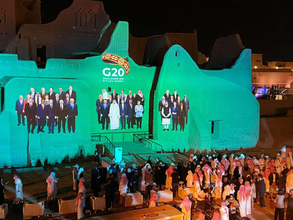 Projection of a u00e2u20acu02dcfamily photou00e2u20acu2122 for the annual G20 Leadersu00e2u20acu2122 Summit onto Salwa Palace in At-Turaif, one of Saudi Arabiau00e2u20acu2122s Unesco World Heritage sites, in Diriyah November 20, 2020. u00e2u20acu201d Reuters pic