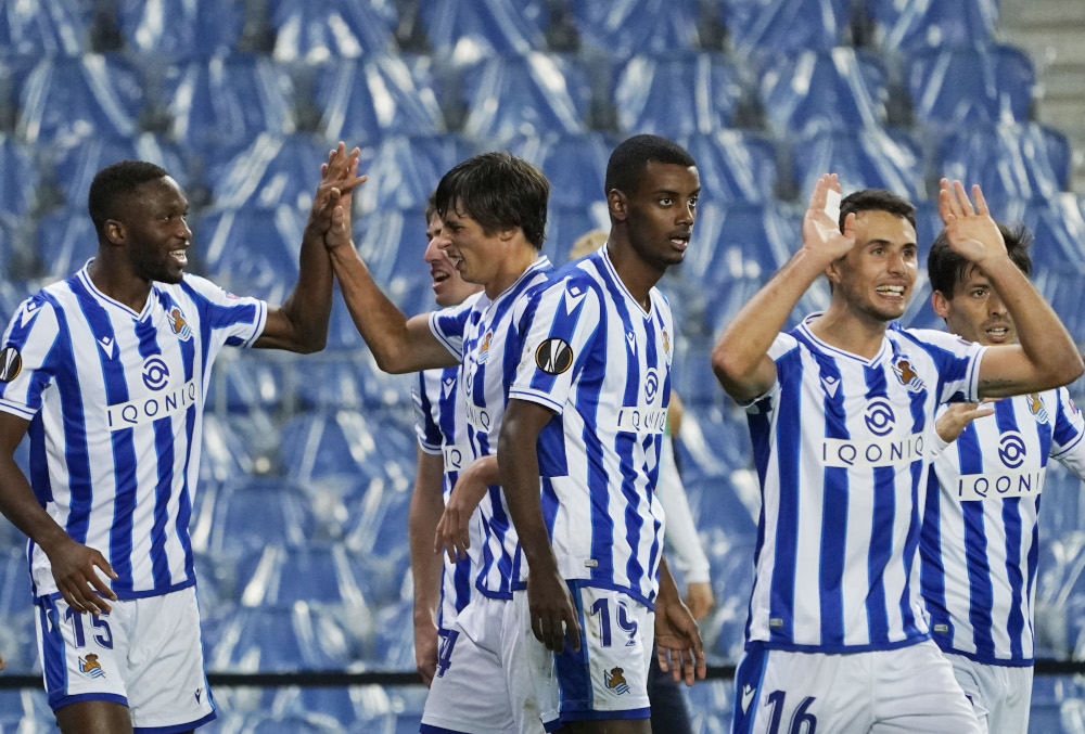 Real Sociedad players celebrate their first goal during their Europa League Group F match against AZ Alkmaar at the Reale Arena, San Sebastian November 5, 2020. u00e2u20acu201d Reuters pic