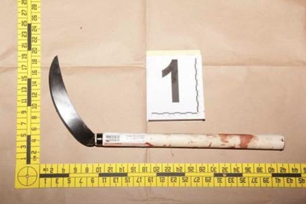 The police found a bloodstained sickle near the scene, believed to be the weapon used by the man. u00e2u20acu201d Singapore Police pic via TODAY