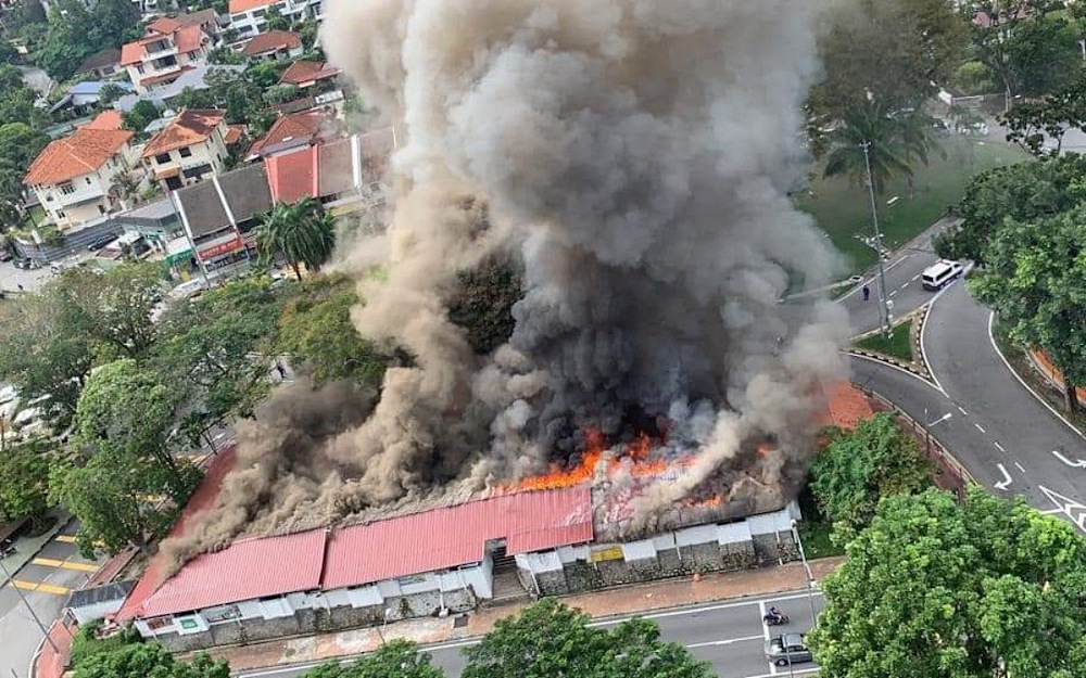 A fire is seen at the Medan Selera Mutiara located at Jalan Sungai Kerian, Tanjung Bungah November 7, 2020. u00e2u20acu201d Picture via Twitter/Bernama