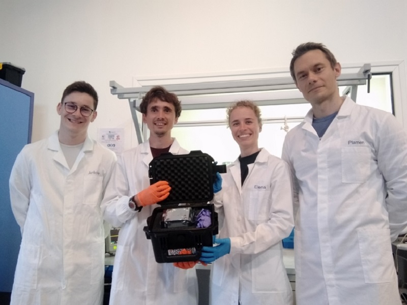 Some of the ThrustMe team with the NPT30 propulsion system ready to be sent to China. u00e2u20acu2022 Picture courtesy of ThrustMe via AFP