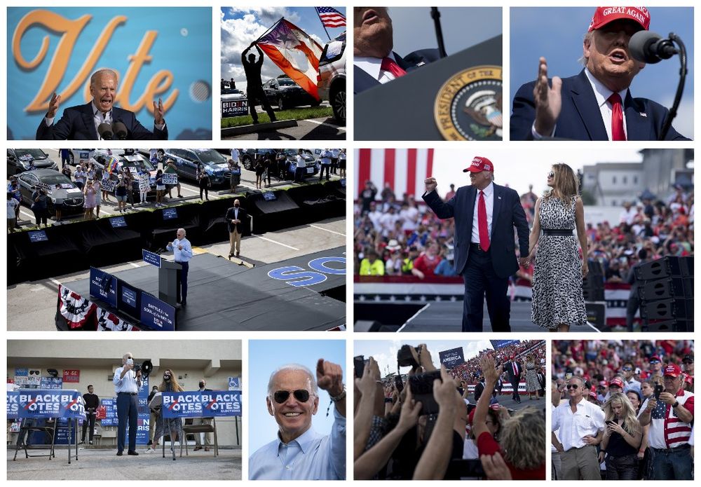 This combination of pictures created on October 31, 2020 shows US Democratic presidential candidate Joe Biden (panel left) and US President Donald Trump (panel right) during competing campaign events October 29, 2020, in Florida. u00e2u20acu201d AFP pic