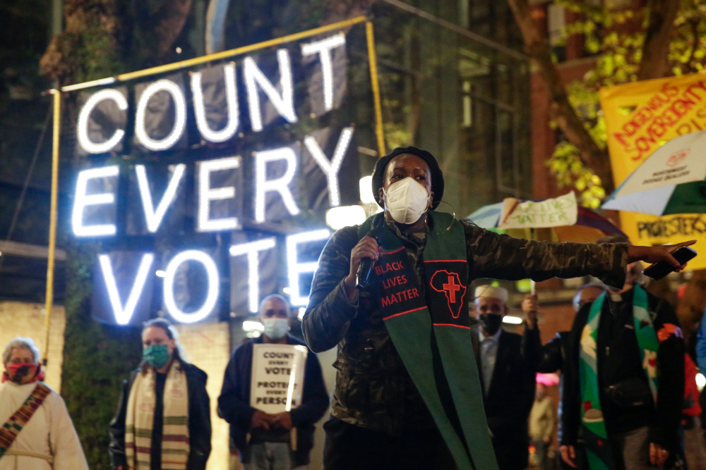 Reverend Bianca Davis-Lovelace of the Washington State Poor People’s Campaign speaks at a rally and march to ‘Count Every Vote, Protect Every Person’ a day after the US Presidential Election in Seattle, Washington November 4, 2020. — AFP pic