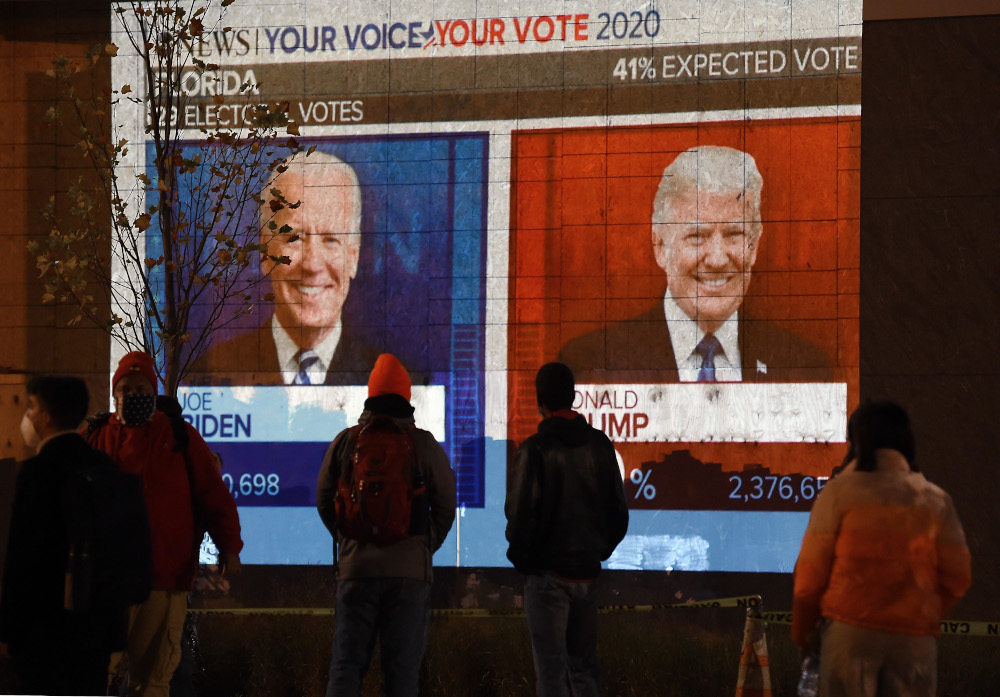 People watch a big screen displaying the live election results in Florida at Black Lives Matter plaza across from the White House on election day in Washington, DC November 3, 2020. u00e2u20acu201d AFP pic 