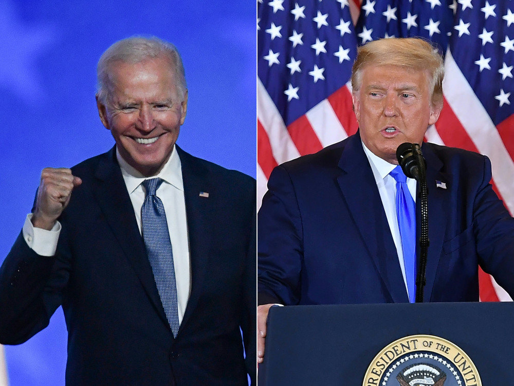 Democratic presidential nominee Joe Biden after speaking at the Chase Center in Wilmington, Delaware, and US President Donald Trump speaks during election night in the White House in Washington, DC, November 4, 2020. u00e2u20acu201d AFP pic 