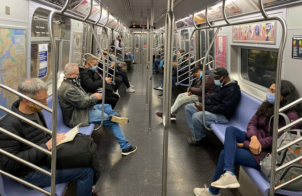Commuters ride the New York City Subway November 5, 2020, as the coronavirus pandemic continues worldwide. — AFP pic
