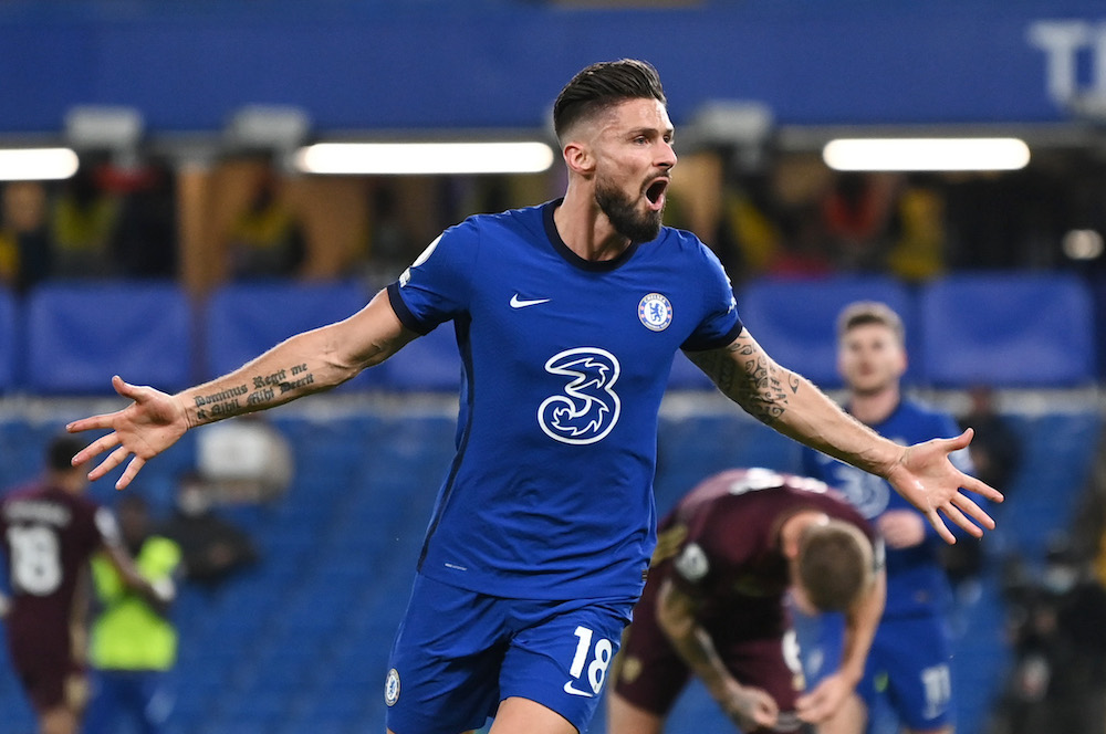 Chelsea's Olivier Giroud celebrates scoring their first goal against Leeds United, London December 6, 2020. u00e2u20acu201d Pool pic via Reuters/Daniel Leal-Olivas 