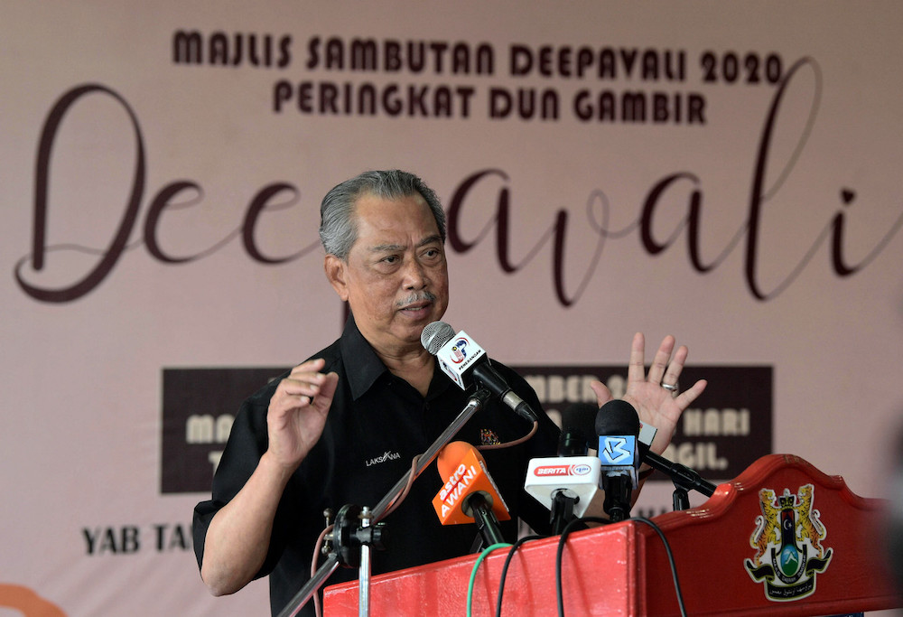 Prime Minister Tan Sri Muhyiddin Yassin gives a speech at the Gambir state constituency Deepavali 2020 celebrations, December 13, 2020. u00e2u20acu201d Bernama pic 