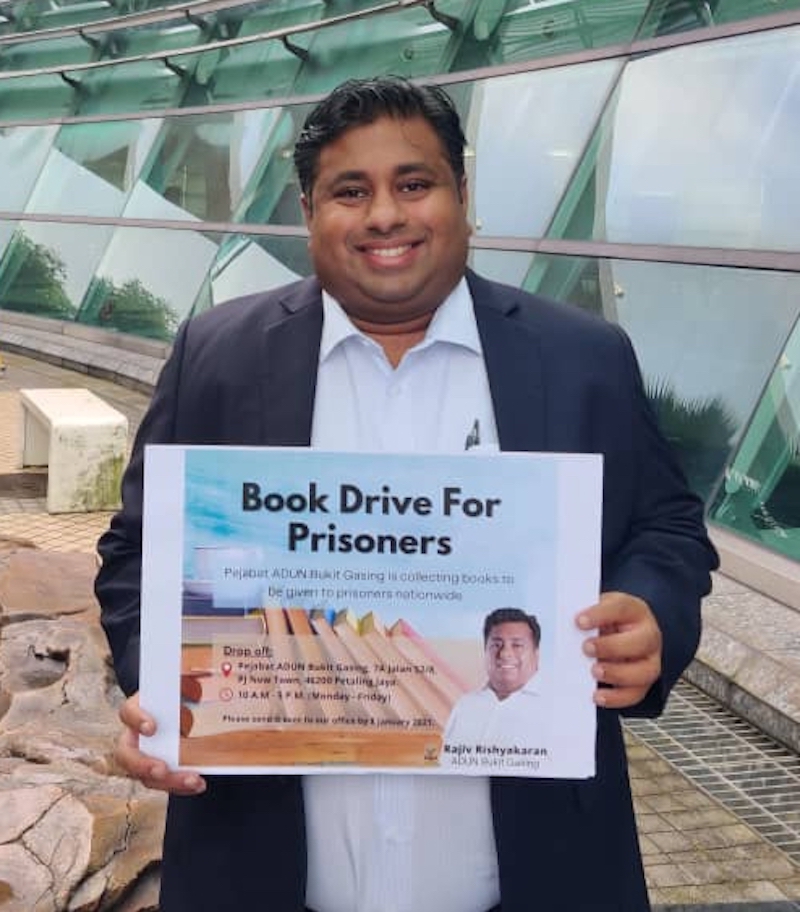 Bukit Gasing Adun Rajiv Rishyakaran hopes to collect as many books as possible for seven prisons across the country. u00e2u20acu201d Picture courtesy of Bukit Gasing Adun office 