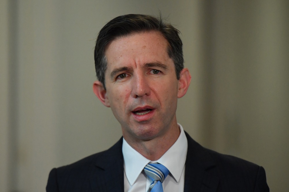 Minister for Trade Simon Birmingham at a press conference at Parliament House in Canberra November 30, 2020. u00e2u20acu201d AAP Image/Mick Tsikas via Reuters