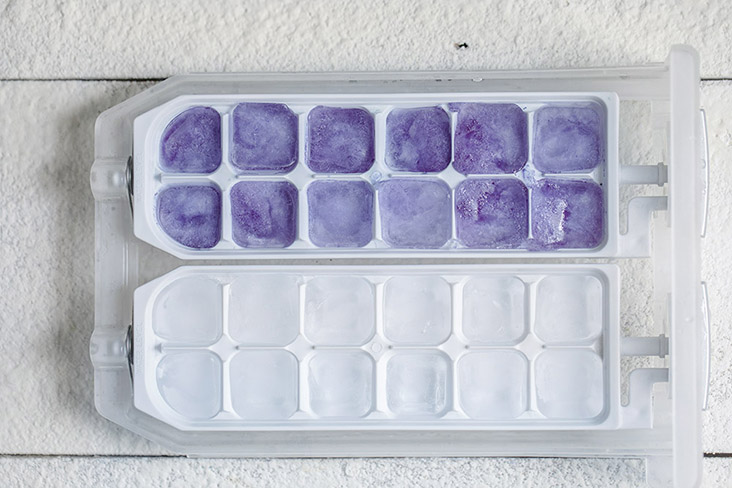 The blue pea flower ice cubes are a shade lighter than when in liquid form.