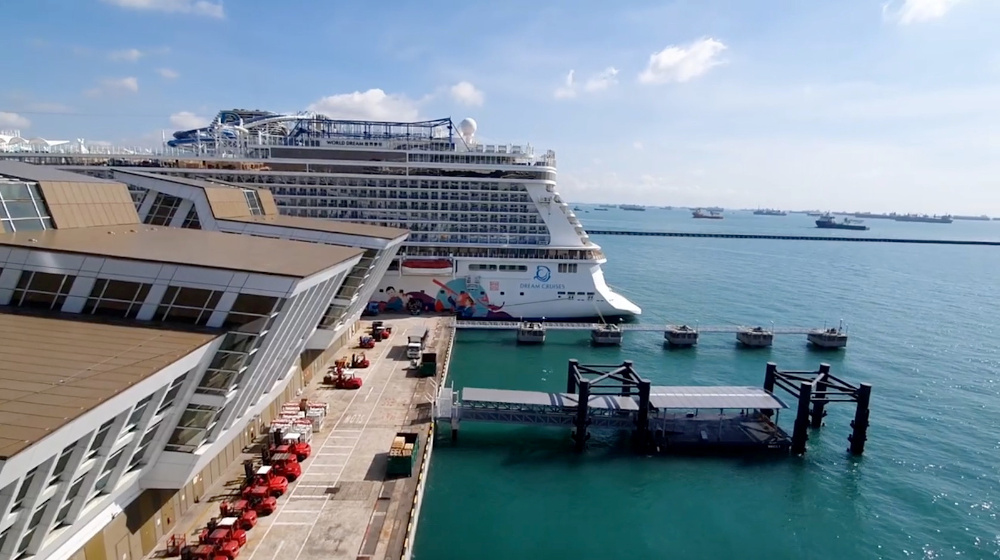 A view of the terminal from the Royal Caribbeanu00e2u20acu2122s Quantum of the Seas cruise ship, after it docked at Marina Bay Cruise Centre in Singapore, in this still picture obtained from social media video December 9, 2020. u00e2u20acu201d Syahirah Halim pic via Reuters 