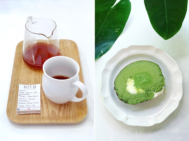 Everything is made fresh, be it a hand-brewed filter coffee (left) or a luxurious Matcha Roll.