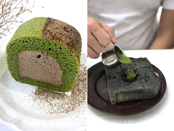 Houjicha & Genmaicha Roll (left). Pouring matcha cream over charcoal toast topped with adzuki beans (right).