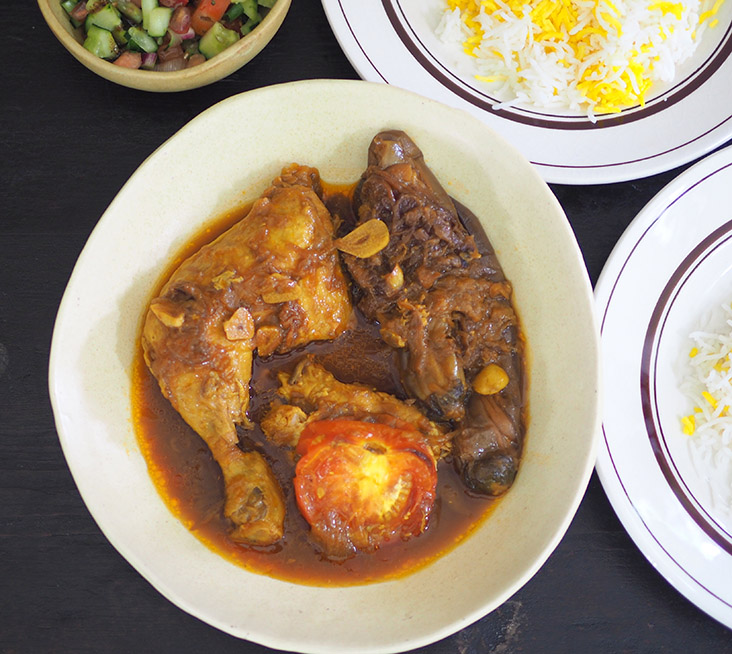 The highlight is 'khoresht bademjan ba morgh' or eggplant stew served with chicken with subtle, refined flavours.