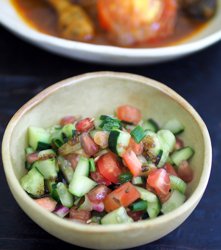 There's a fresh-tasting salad of tomatoes, cucumber and pomegranate tossed with their homemade dressing.