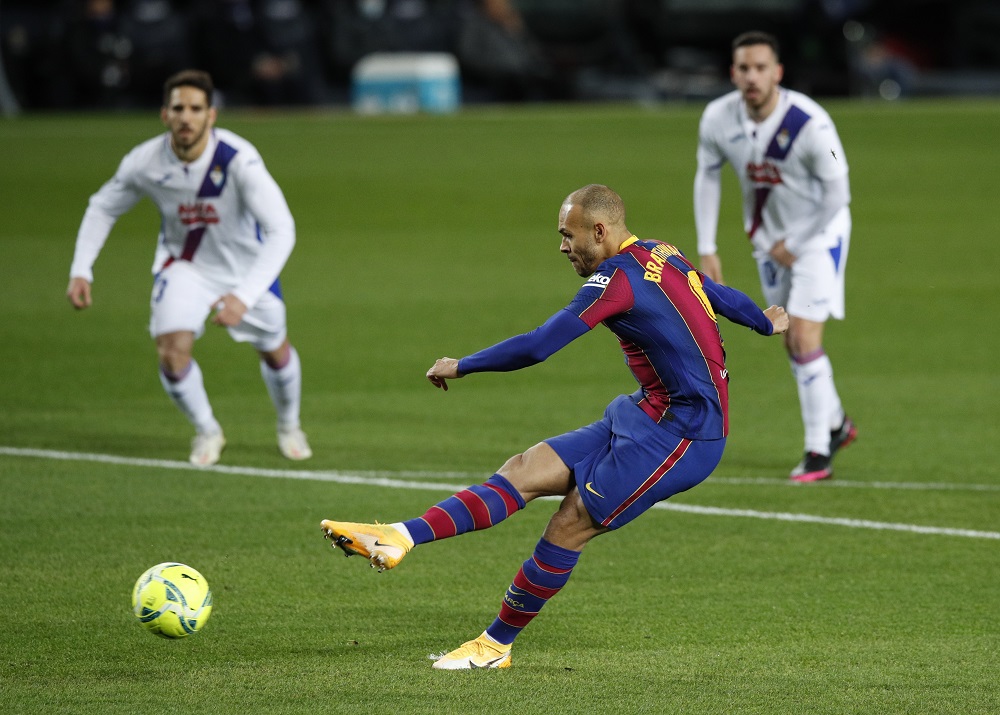 Barcelona's Martin Braithwaite misses a penalty during the match against Eibar December 30, 2020. u00e2u20acu2022 Reuters pic