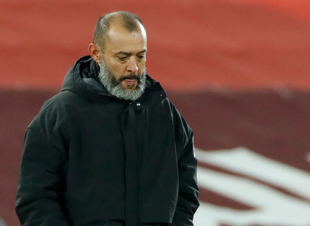 Wolverhampton Wanderers manager Nuno Espirito Santo looks dejected after the match against Liverpool at Anfield, December 6, 2020. u00e2u20acu201d Reuters pic 