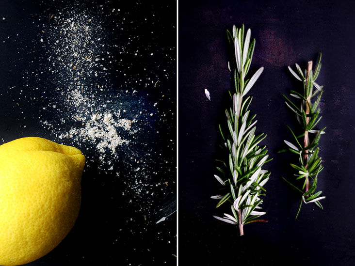 Lemons provide acidity and moisture while rosemary will perfume your roast chicken.