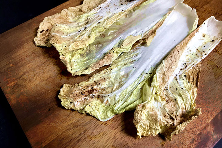 ‘Greens’ with a difference: the slightly charred whole leaves of oven-baked Chinese cabbage.