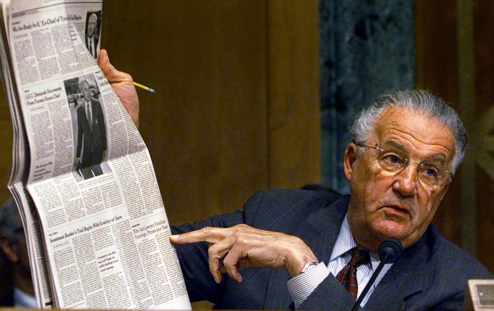 US Senator Paul Sarbanes (D-MD) holds up the New York Times during questioning of Securities and Exchange Commission Chairman William Donaldson before the Senate Banking Committee in Washington, September 30, 2003. u00e2u20acu201d Reuters pic